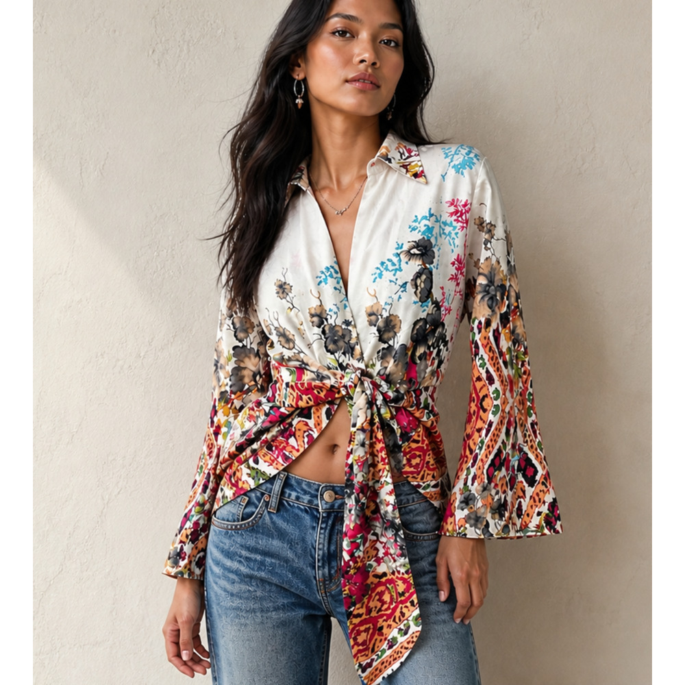 Mishca Y2K Whimsy Boho Chic Floral Ikat Statement Wrap Tie Waist Blouse Size Sm